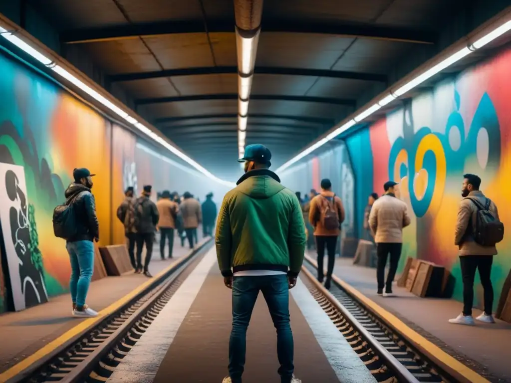 Una escena de arte subterráneo con murales coloridos en un túnel urbano