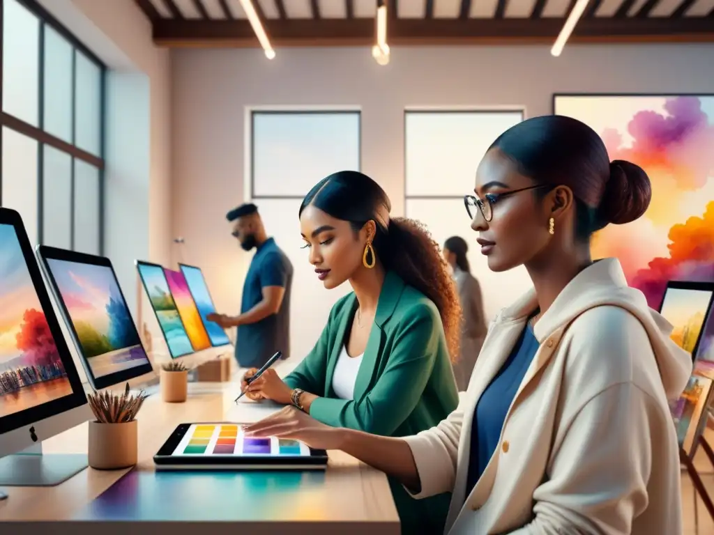 Una escena de artistas creando en un estudio, simbolizando la democratización del arte NFT