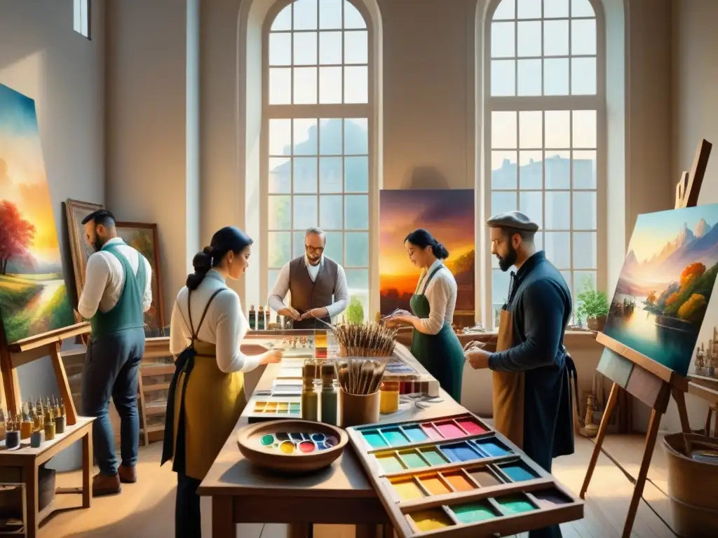 Una escena de artistas recreando técnicas pintura óleo históricas en un estudio creativo y vibrante, bañado en luz natural