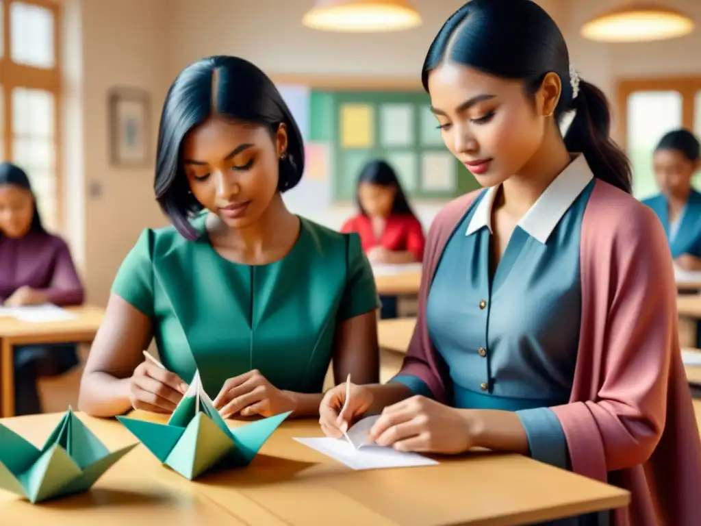 Una escena de aula tranquila donde estudiantes de diversas culturas practican origami con papel colorido