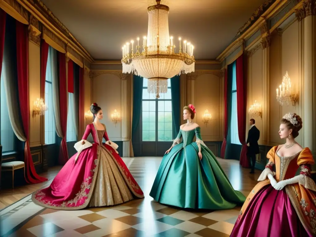 Una escena barroca de lujo con nobles elegantemente vestidos en un salón de baile