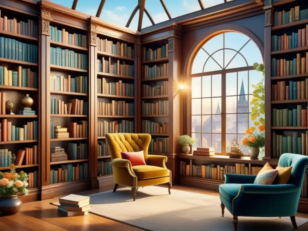 Una escena de biblioteca mágica con libros coloridos y detalles intrincados