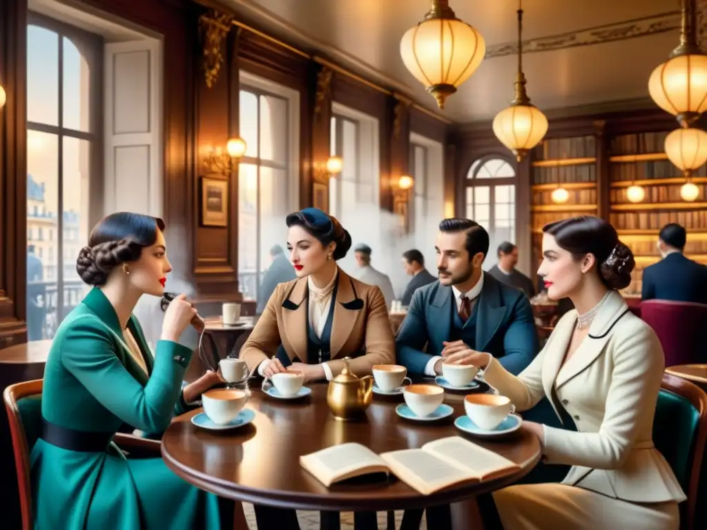 Escena de café literario en París durante el Modernismo, reflejando la conexión entre literatura, arte visual y camaradería intelectual