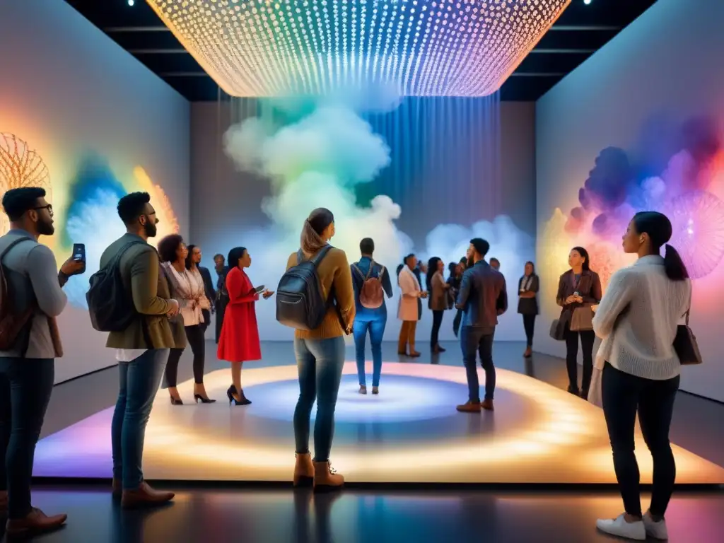 Una escena cautivadora de arte interactivo donde espectadores de diversas edades y etnias interactúan con una obra completa en un museo