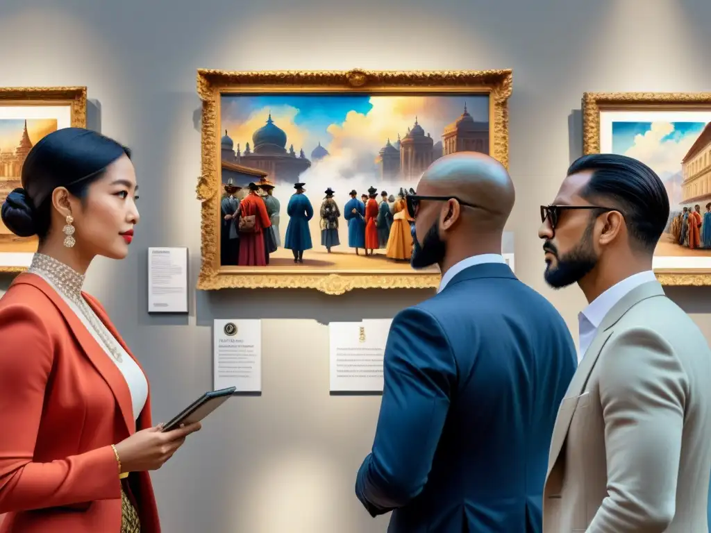 Una escena cautivadora en una galería de arte, donde un diverso grupo de personas examina y discute obras de arte