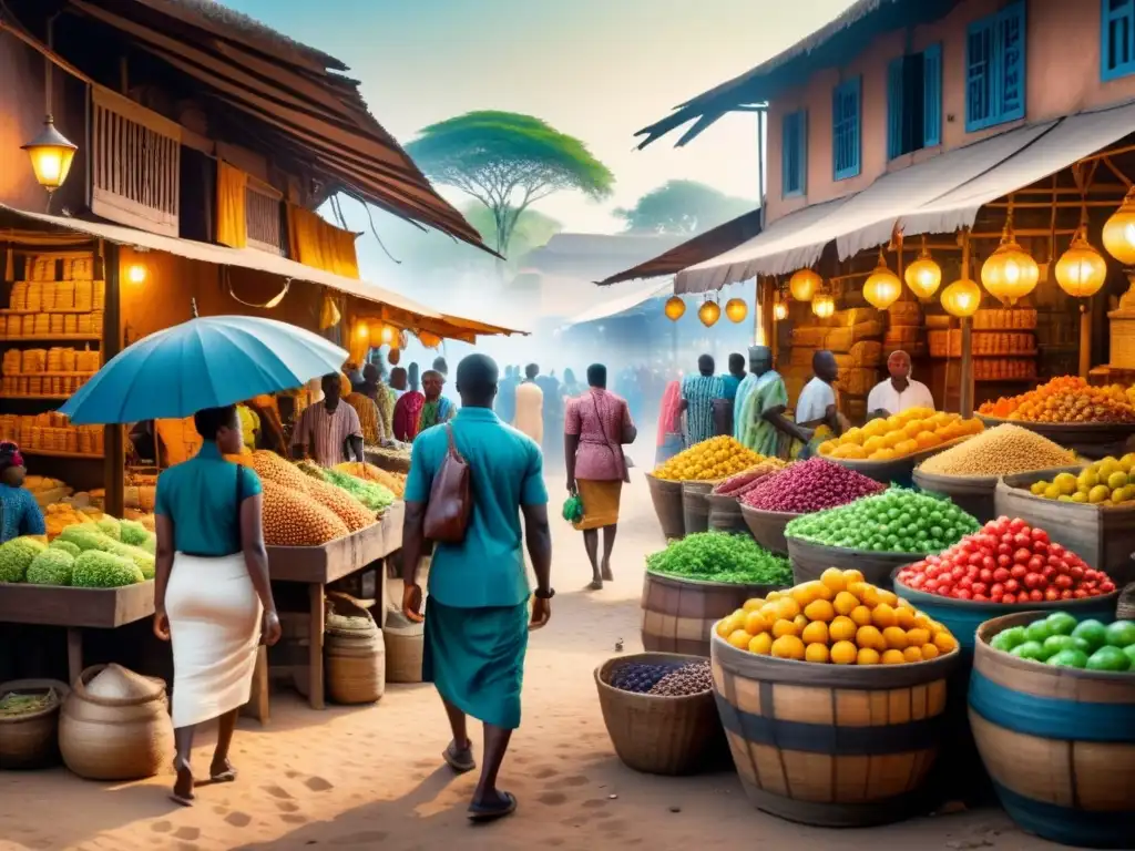 Una escena colorida de un bullicioso mercado africano, reflejando el arte africano contemporáneo y la vida diaria con detalle