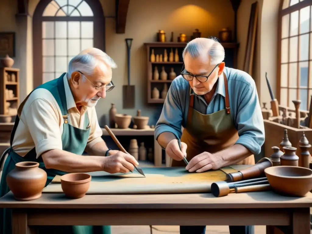 Una escena conmovedora de transmisión de conocimientos en restauración artística entre un maestro y su aprendiz en un taller iluminado por el sol