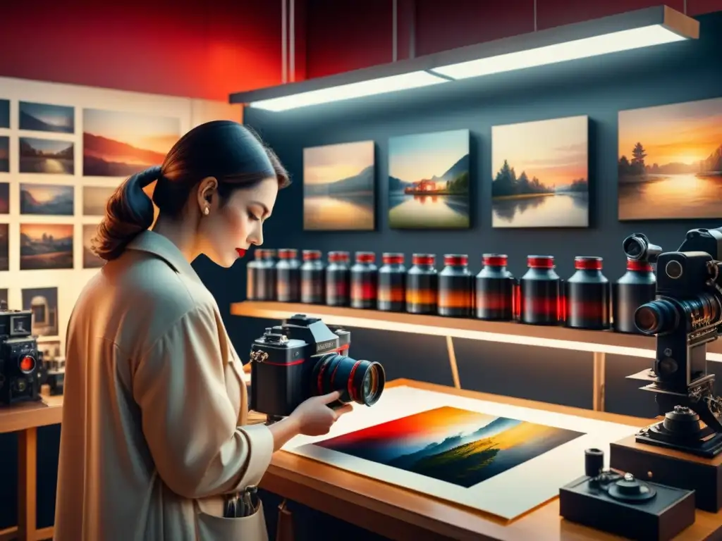 Una escena de cuarto oscuro nostálgica y detallada, con un fotógrafo inspeccionando una fotografía revelada