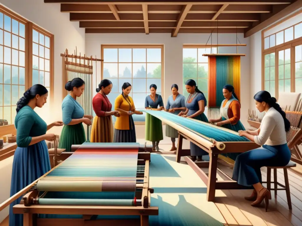 Una escena detallada de arte textil en América del Norte: artistas diversos tejiendo patrones en un telar en un estudio soleado lleno de color