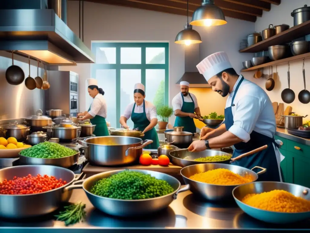 Una escena detallada de una cocina bulliciosa donde chefs preparan platos intrincados, rodeados de ingredientes coloridos y ollas humeantes