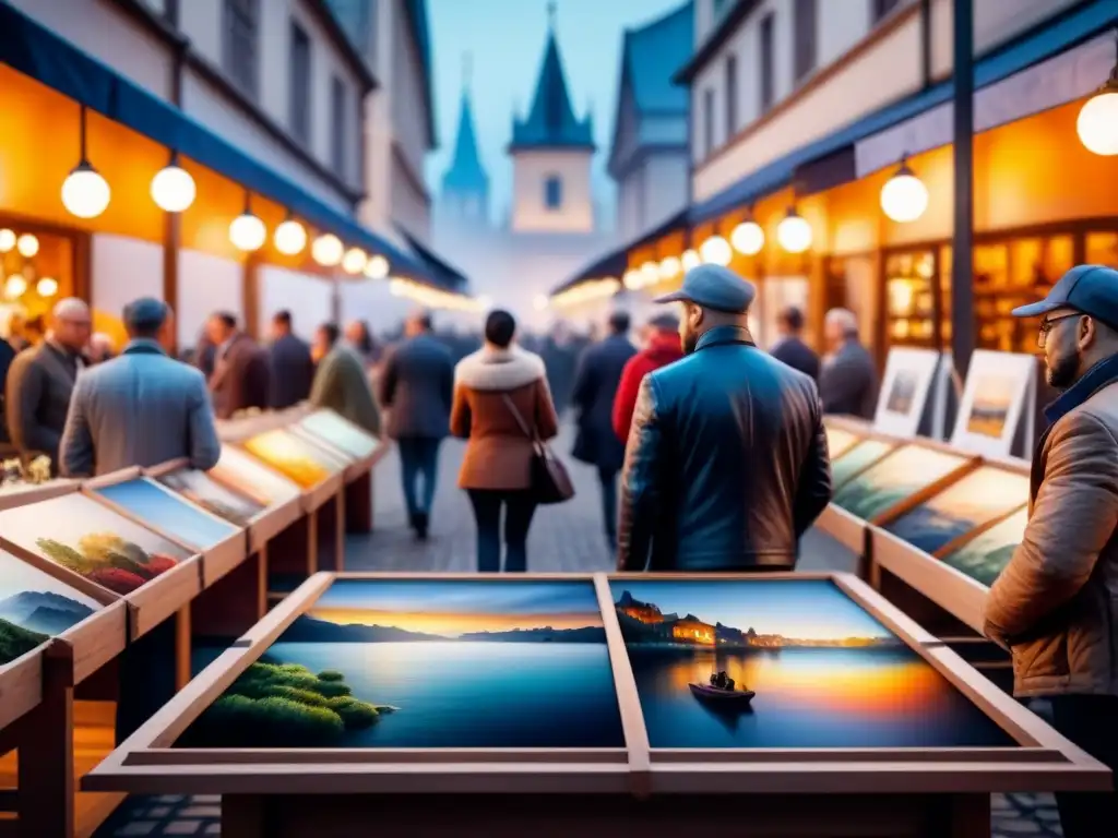 Una escena detallada de mercado de arte en acuarela, con personas admirando obras bajo la luz suave de la galería