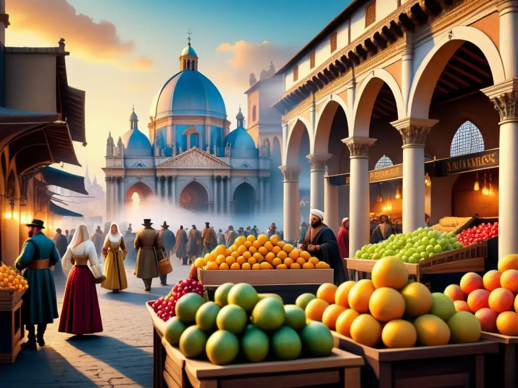 Una escena detallada de mercado renacentista con frutas vibrantes, textiles ornamentados y arte intrincado bajo la luz cálida del atardecer