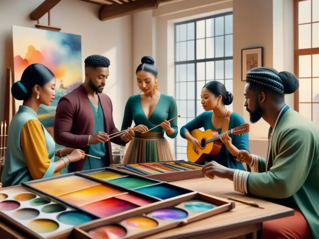 Una escena de diversidad cultural en un estudio de arte vibrante, donde se fusionan la percepción artística, historia, técnica y cultura