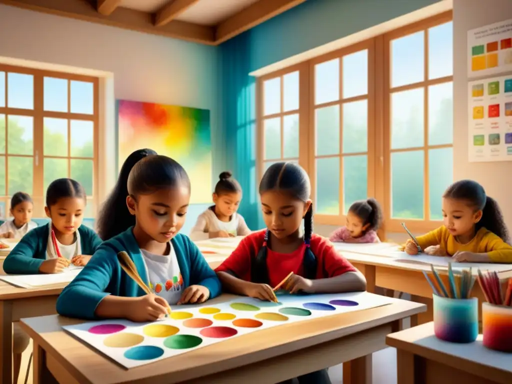 Una escena de enseñanza de identidad y autoexpresión: niños de diversas etnias crean arte en un alegre salón lleno de color