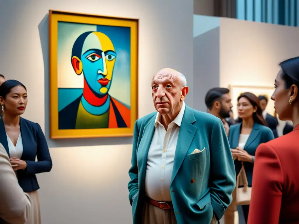 Escena épica: Exposiciones Picasso historia arte deslumbran a multitud diversa en acuarela detallada