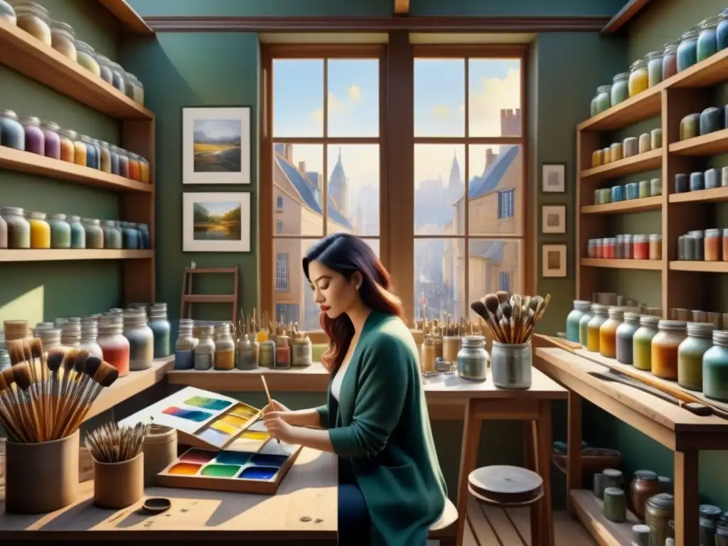 Estudio de arte realista: retratos detallados y vibrantes Una escena de estudio de arte abarrotado con retratistas realistas maestros, paletas vibrantes y técnicas secretas