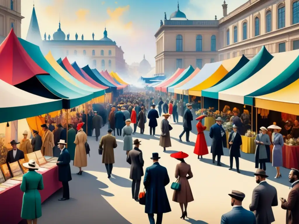Escena vibrante de feria de arte del siglo XX: modernismo y entusiasmo Una escena de feria de arte moderno del siglo XX, con multitud variada y vibrante bajo coloridas carpas admirando obras vanguardistas