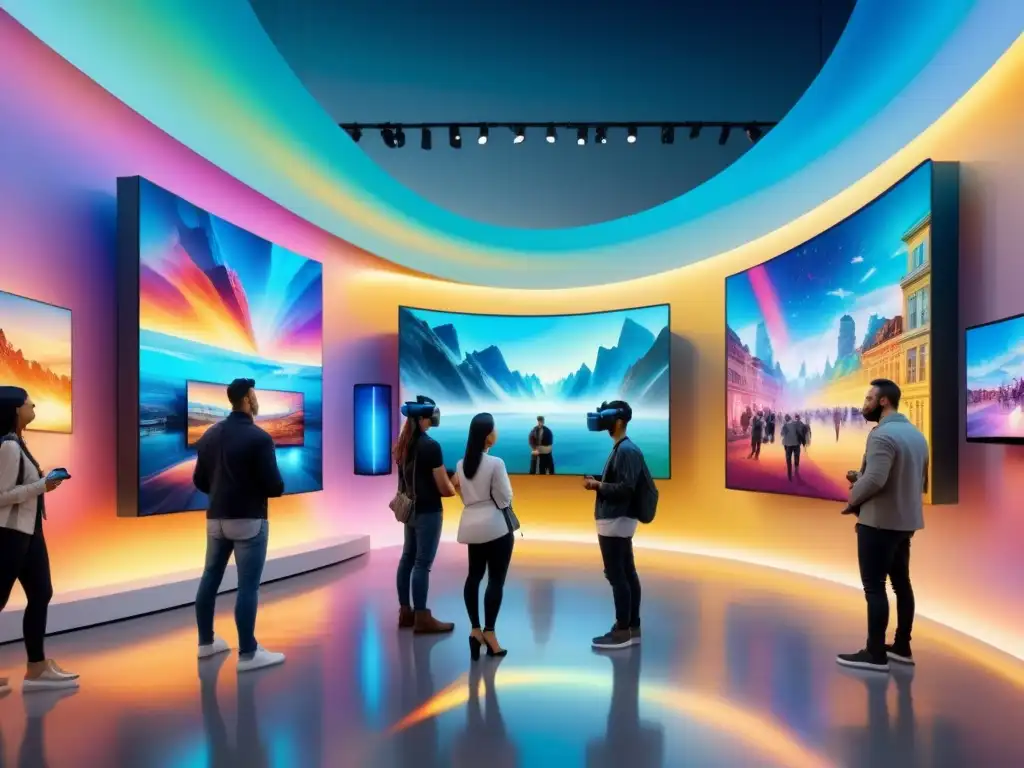 Escena futurista en galería de arte con instalaciones digitales interactivas y visitantes diversos