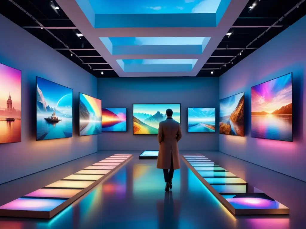 Galaxia de arte digital: impacto futurista en NFT Escena futurista en galería de arte con obras digitales NFT en hologramas