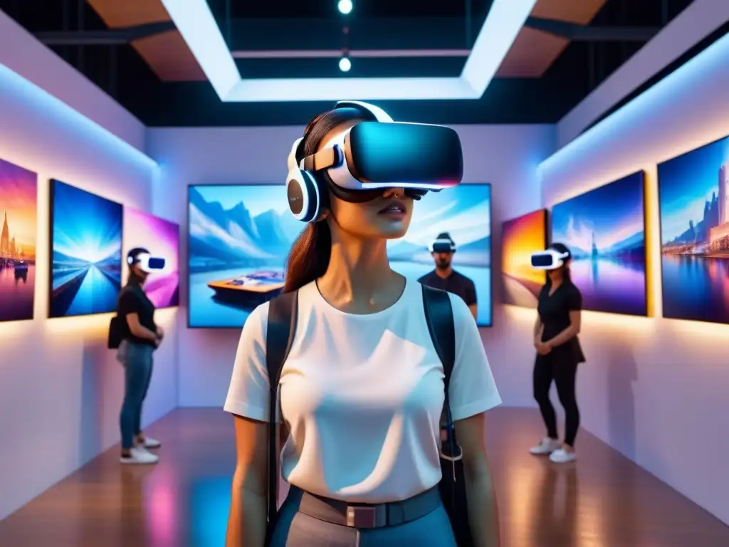 Escena futurista en galería de arte con realidad virtual y hologramas flotantes