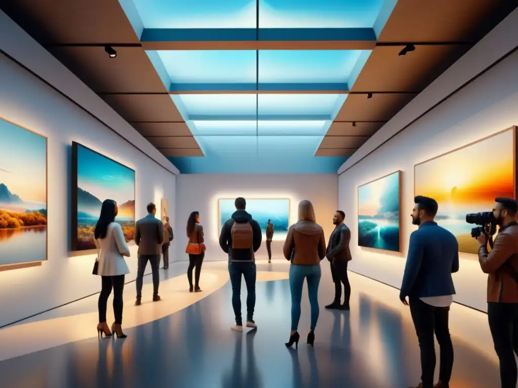 Escena futurista: Artistas contemporáneos mercado arte digital en una galería con obras vanguardistas y luz natural