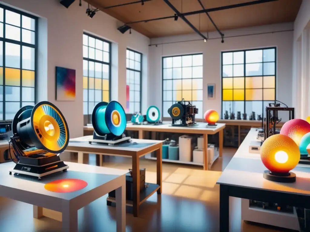 Estudio de arte futurista: impresiones 3D en armonía creativa Una escena futurista de un estudio de arte con impresión 3D en arte visual, lleno de esculturas coloridas y detalladas