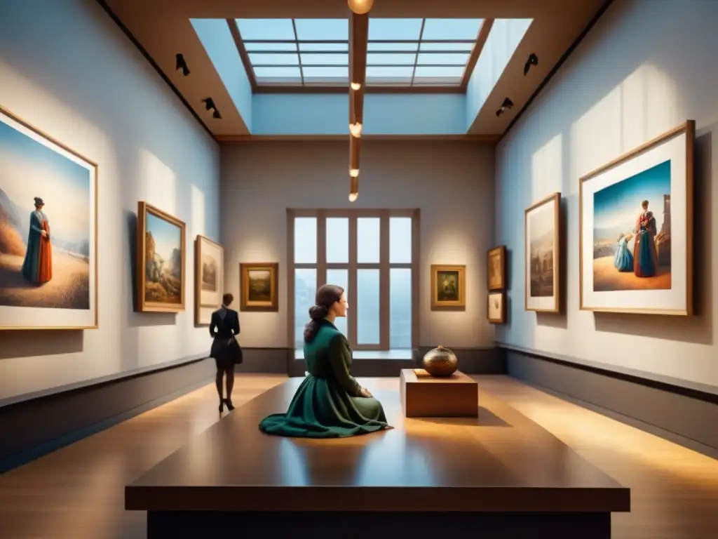 Una escena de galería con arte moderno y una escultura intrincada, simbolizando la ironía en arte contemporáneo