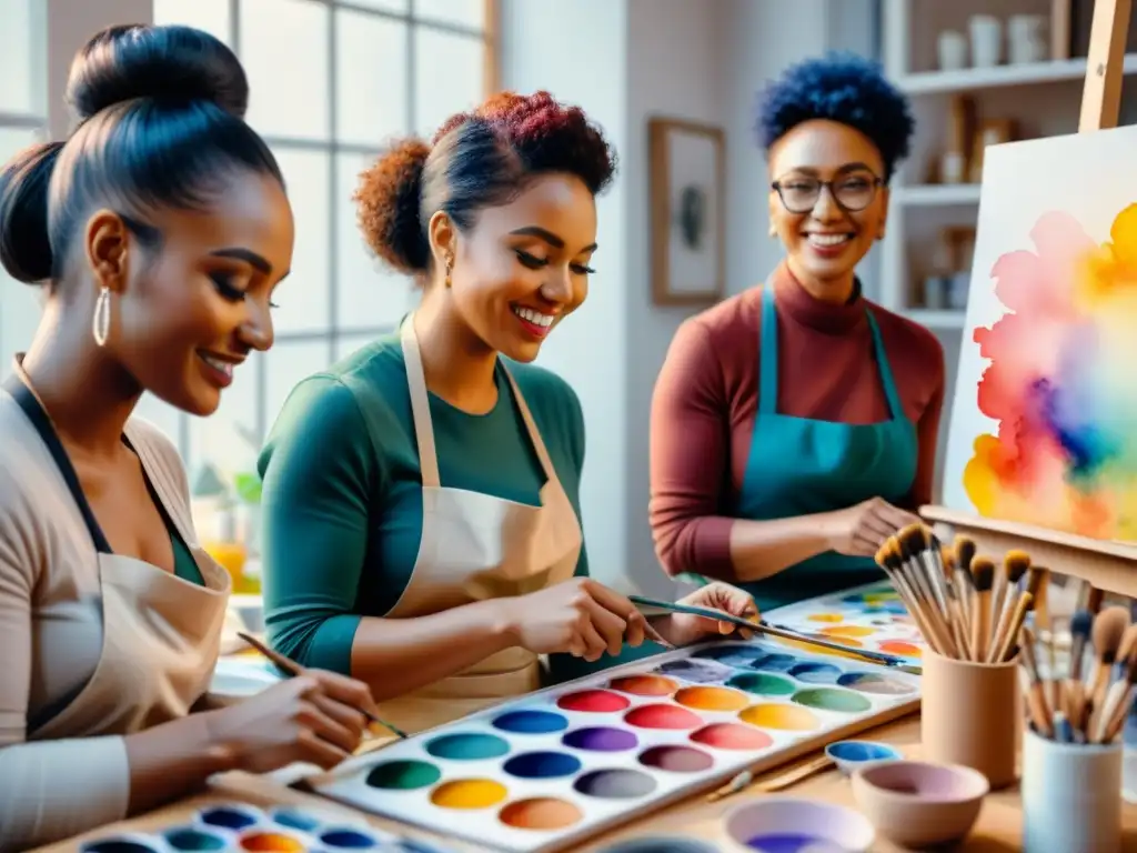 Una escena de inclusión en el arte contemporáneo: personas diversas creando arte juntas en un taller alegre y colorido