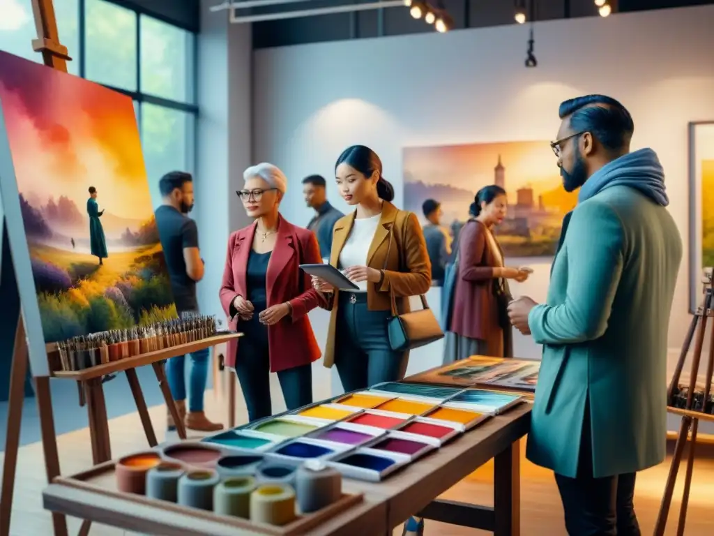 Una escena inclusiva en un estudio de arte vibrante, donde personas de distintas edades y orígenes disfrutan de diversas formas de arte