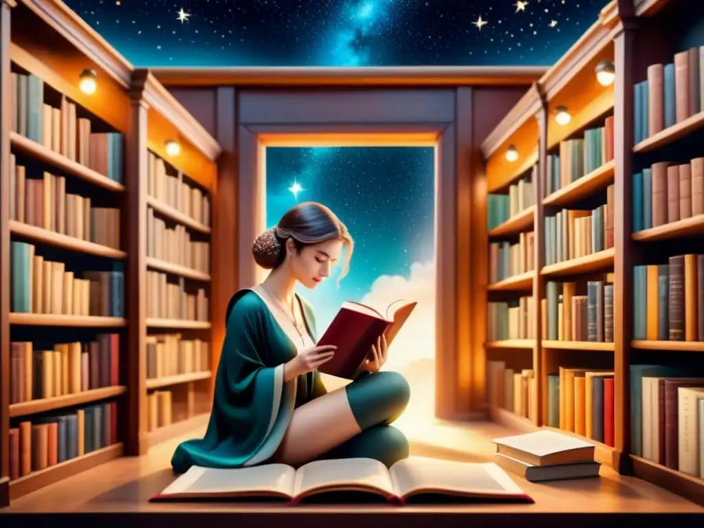 Una escena mágica en acuarela detallada de una biblioteca fantástica, con criaturas leyendo libros bajo un cielo estrellado