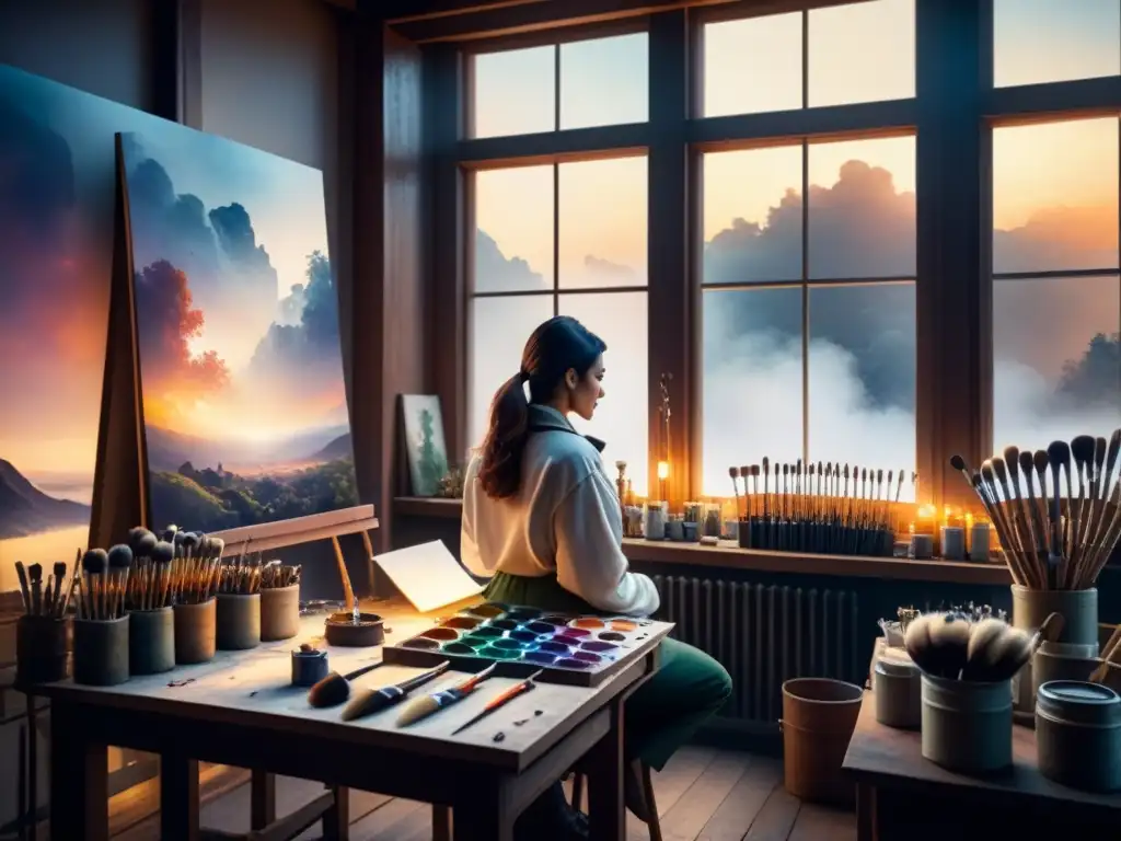 Una escena mágica en la pintura: estudio de artista iluminado, pinceles, pinturas y lienzo, con luz suave filtrando por la ventana