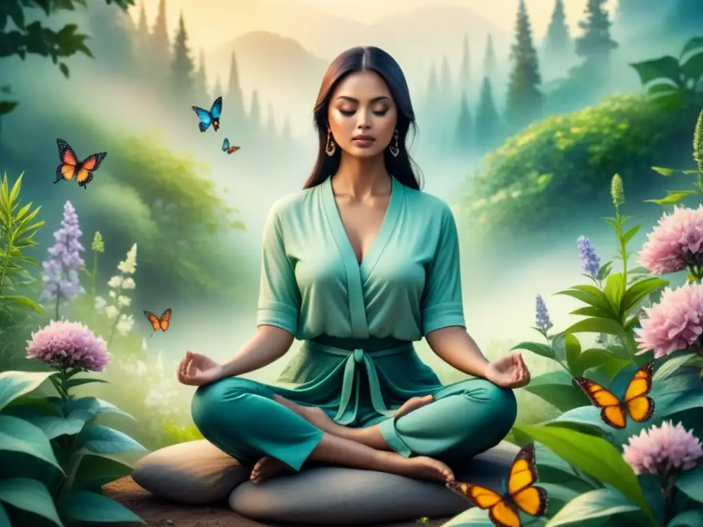 Retrato acuarela de meditación entre flores y mariposas Escena de meditación con mariposas y flores