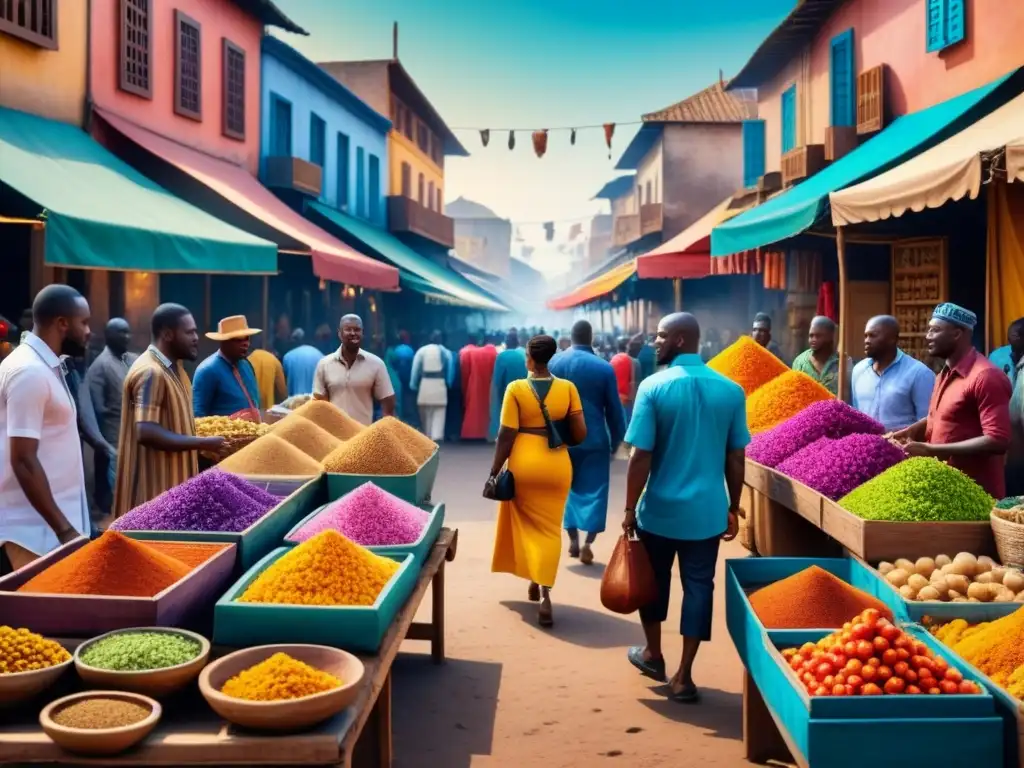 Una escena de mercado de arte africano vibrante y detallada, lleno de color y diversidad cultural, reflejando las tendencias arte visual africano