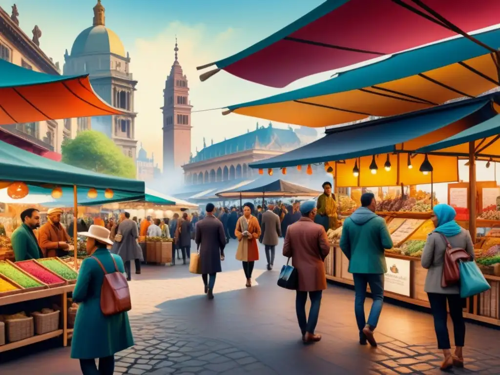 Una escena de mercado de arte bulliciosa, llena de artistas diversos mostrando sus obras bajo coloridas carpas