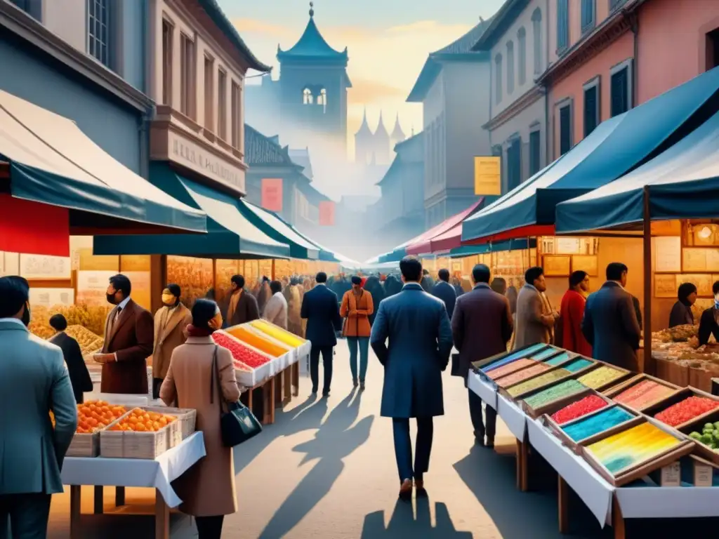 Mercado de arte vibrante en tiempos inciertos Una escena de mercado de arte bullicioso con compradores y vendedores enmascarados, reflejando el impacto de crisis económicas en arte