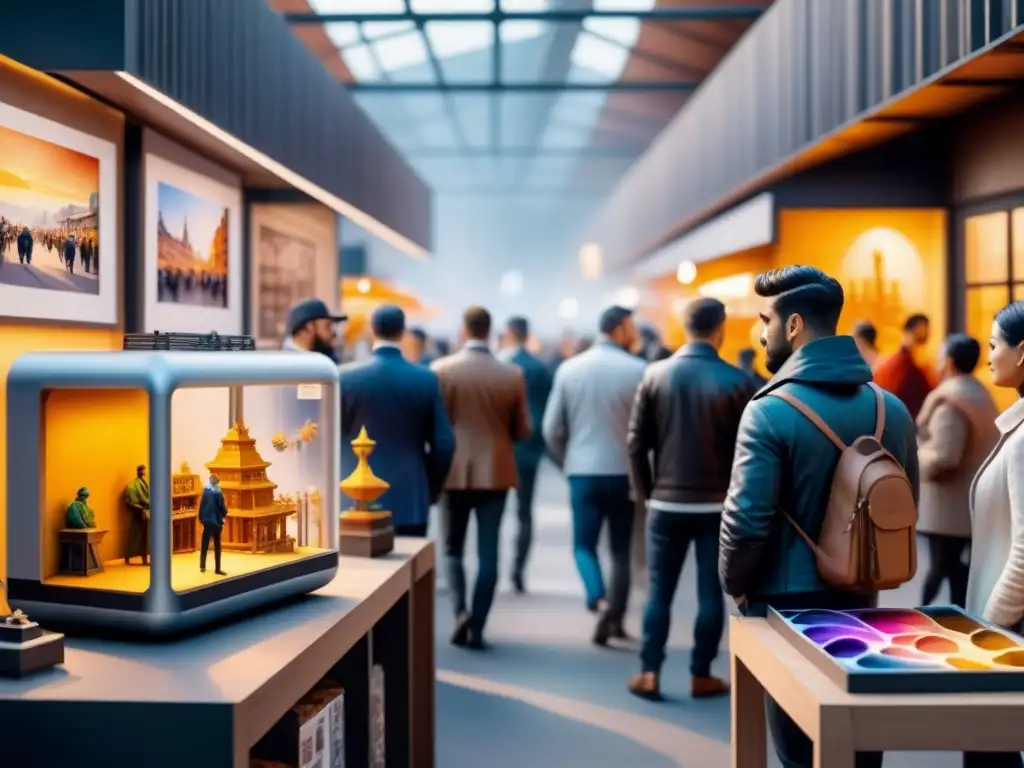 Escena de mercado de arte con esculturas 3D y futuros avances tecnológicos impresión 3D