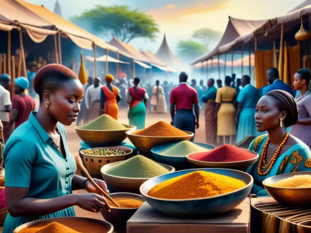 Una escena de mercado en África con colaboraciones interculturales en arte africano