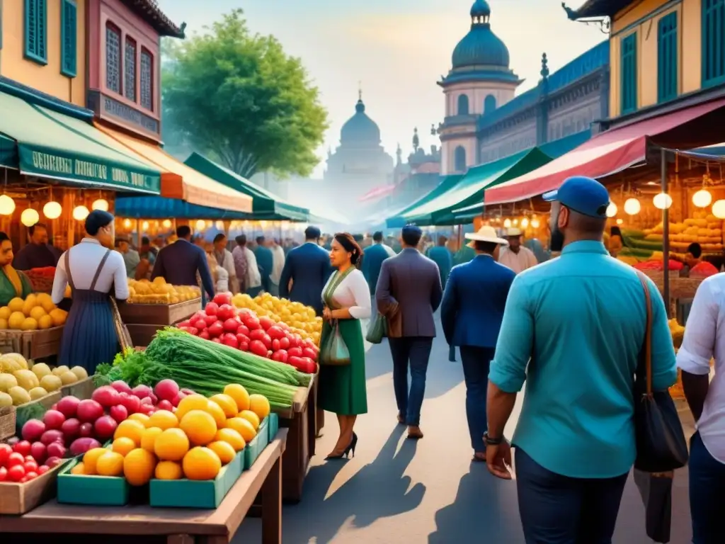 Una escena de mercado vibrante y bulliciosa, con artistas pintando diseños detallados en bancos y farolas, rodeados de una multitud diversa