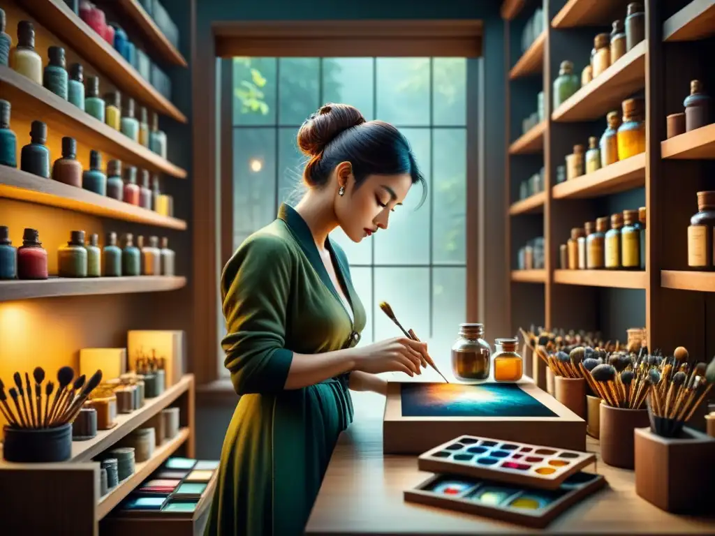 Escena de miniaturismo arte contemporáneo europeo: artista pintando delicadamente en un estudio acogedor y lleno de detalles diminutos