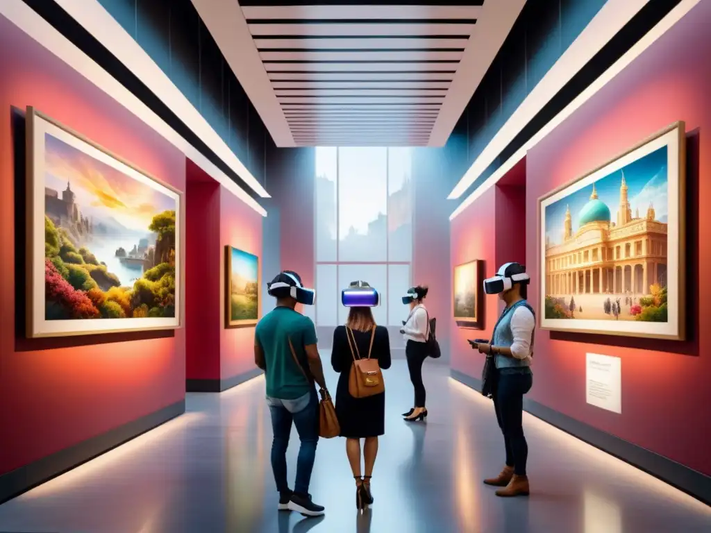 Una escena de museo bulliciosa con visitantes usando auriculares de realidad virtual, interactuando con instalaciones de arte digital inmersivo