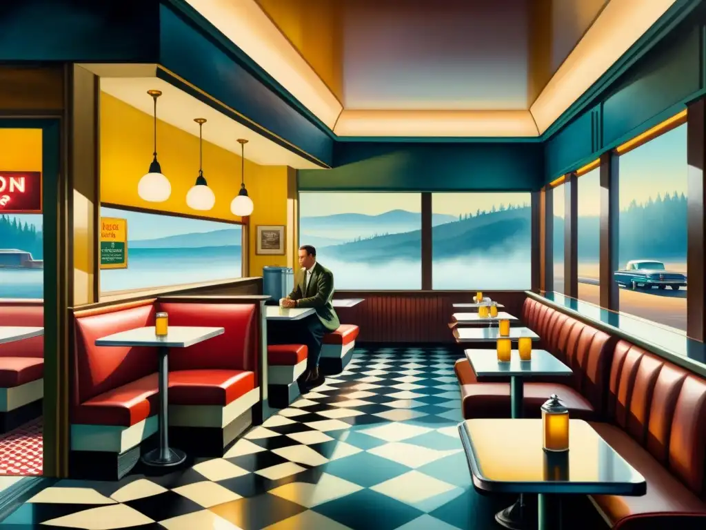 Escena nostálgica de un solitario en un diner, evocando el realismo de Edward Hopper