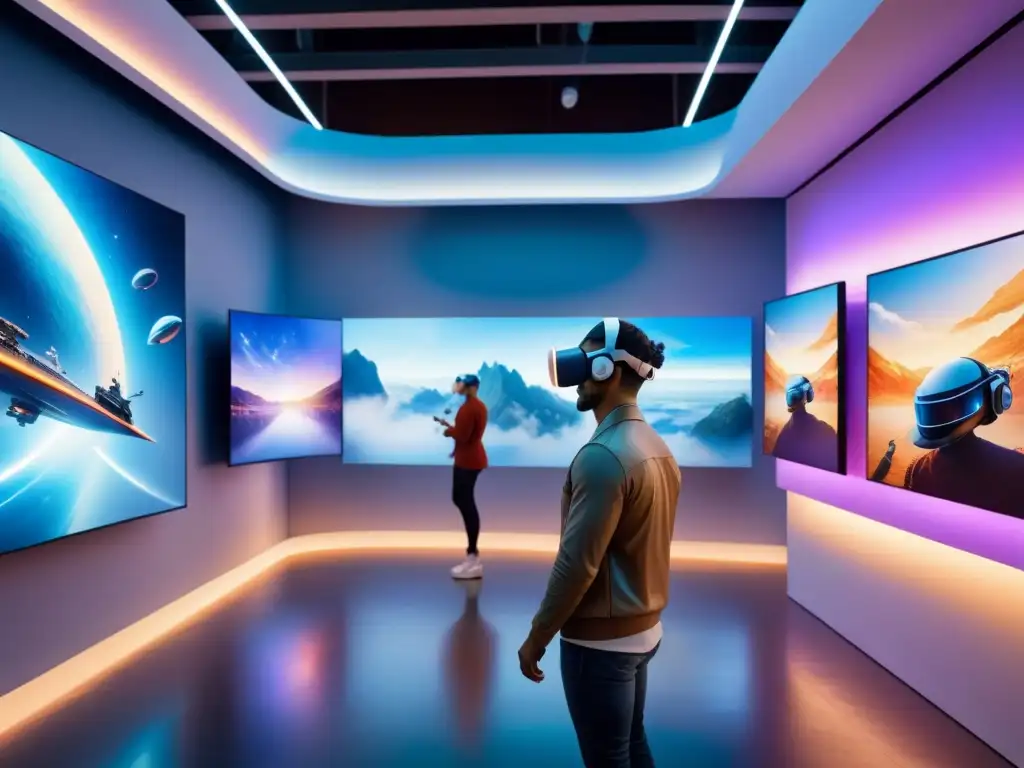 Escena onírica en galería de arte futurista con realidad virtual y obras flotantes