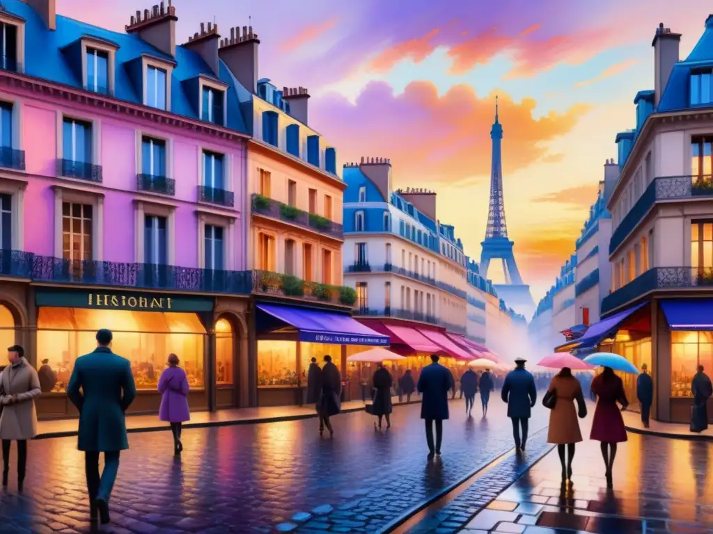 Una escena parisina animada durante un vibrante atardecer, con artistas impresionistas capturando la Revolución del Color en Impresionismo