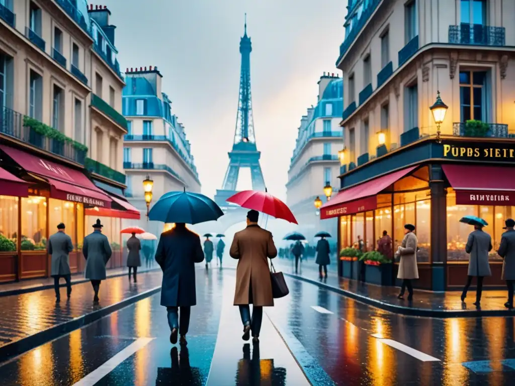 Una escena parisina impresionista con lluvia, reflejos y figuras borrosas, mostrando la perspectiva en el Impresionismo