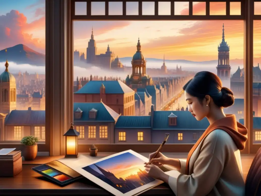 Una escena realista de ciudad al atardecer que fusiona técnicas tradicionales y digitales en ilustración