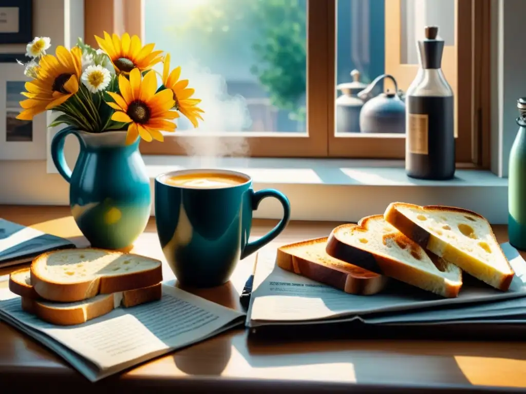 Escena realista en objetos cotidianos de una mesa de cocina, con luz suave resaltando detalles