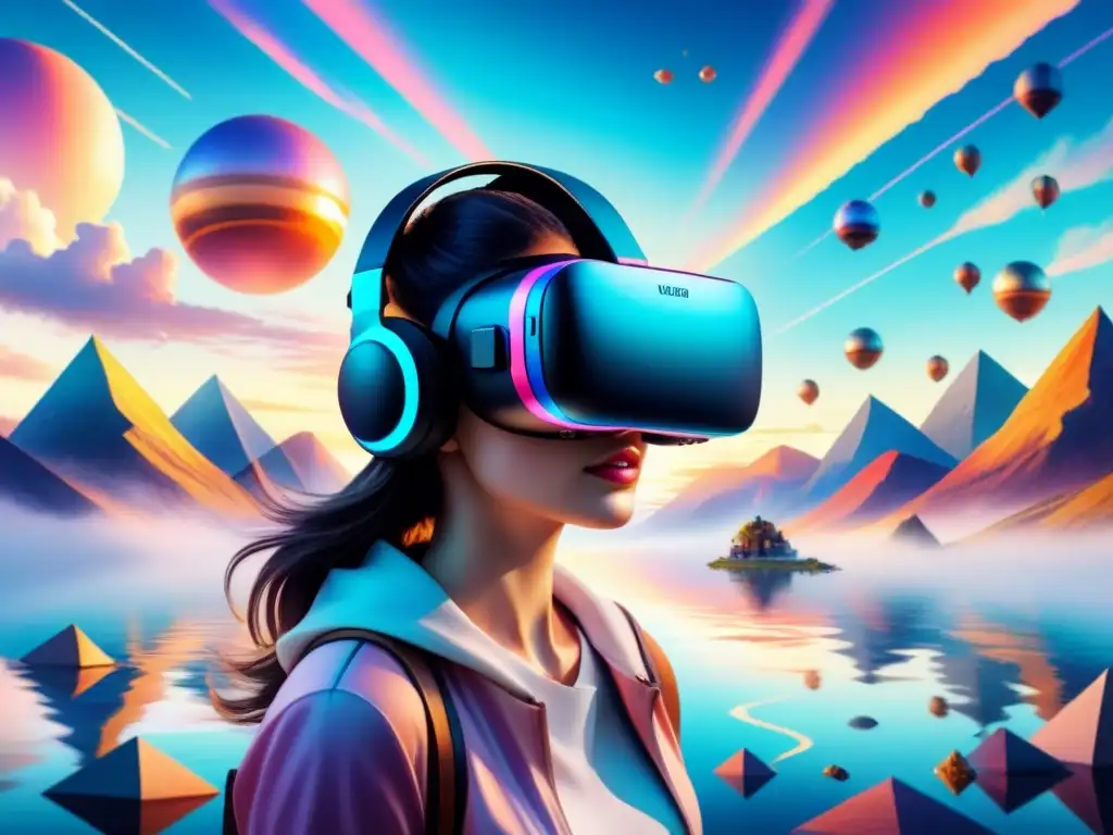 Una escena surrealista en realidad virtual con auriculares fundiéndose en un paisaje onírico de colores vibrantes y formas geométricas flotantes