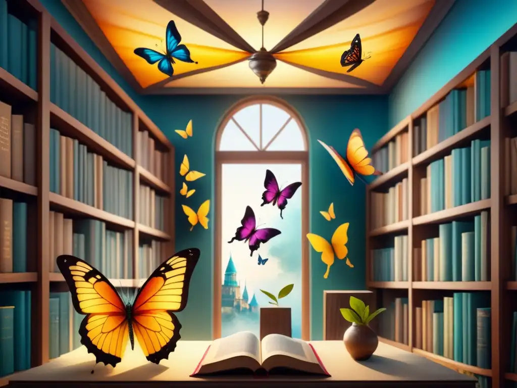 Una escena surrealista de realismo mágico en la que mariposas coloridas revolotean alrededor de una biblioteca llena de libros flotantes