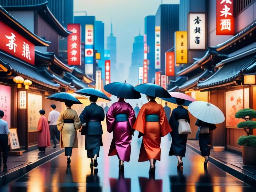 Una escena de Tokio fusionando lo tradicional y lo moderno, reflejando influencias del cine en arte visual asiático