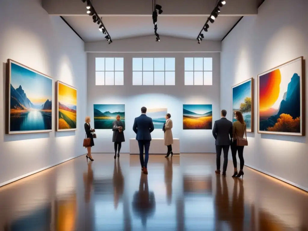 Galaxia de colores: galería de arte en acuarela Escena tranquila de una galería de arte con visitantes admirando cuadros abstractos